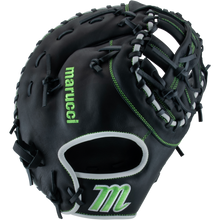 The Marucci Krewe 37S1 12.5" First Base Mitt (MFG3KR37S1) is a black cowhide leather glove with green stitching, “marucci” embroidered in green on the thumb, white wrist accents, a tapered fit, and an M logo near the heel.