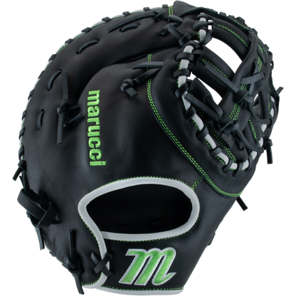 The Marucci Krewe 37S1 12.5" First Base Mitt (MFG3KR37S1) is a black cowhide leather glove with green stitching, “marucci” embroidered in green on the thumb, white wrist accents, a tapered fit, and an M logo near the heel.