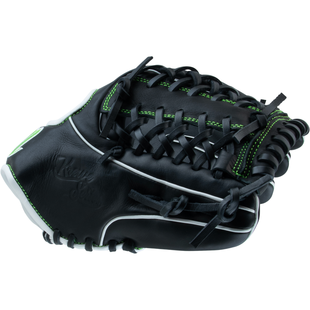 The Marucci Krewe 42A6 11.25" Baseball Glove (MFG3KR42A6) features black cowhide leather, green stitching, black laces, and white trim with a tapered fit, shown closed on a plain white background.