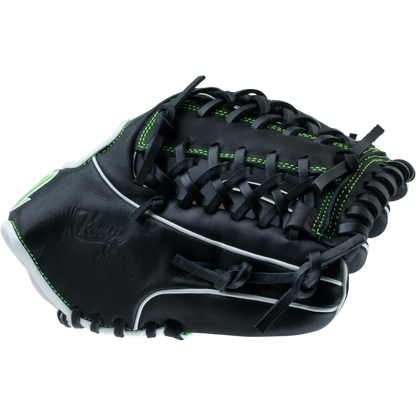 The Marucci Krewe 42A6 11.25" Baseball Glove (MFG3KR42A6) features black cowhide leather, green stitching, black laces, and white trim with a tapered fit, shown closed on a plain white background.