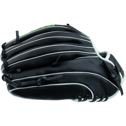 The Marucci Krewe 42A6 11.25" Baseball Glove (MFG3KR42A6) is a black and white glove made from premium cowhide leather, offering a tapered fit for better comfort and control.