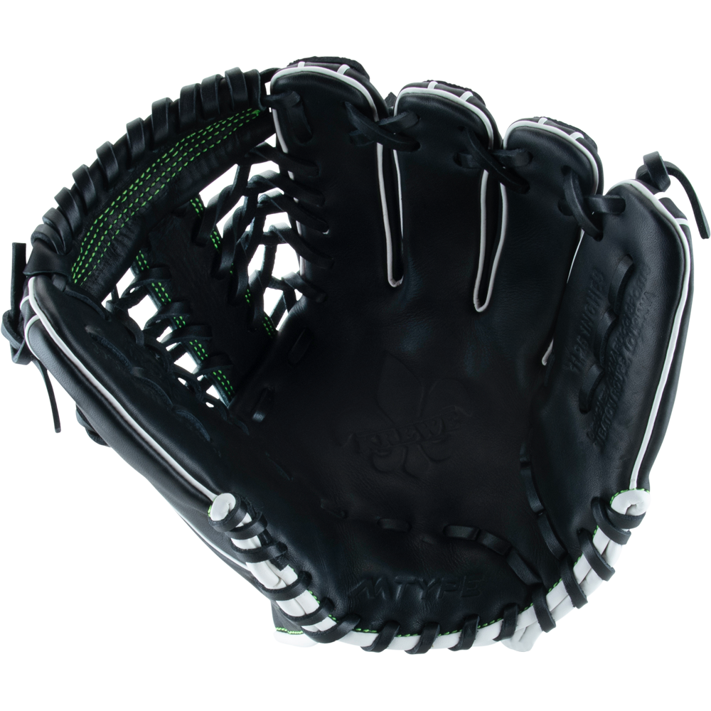 The Marucci Krewe 42A6 11.25" Baseball Glove (MFG3KR42A6) features black premium cowhide leather with white laces and green stitching, shown new and open to display the inner palm against a plain white background.