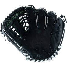 The Marucci Krewe 42A6 11.25" Baseball Glove (MFG3KR42A6) features black premium cowhide leather with white laces and green stitching, shown new and open to display the inner palm against a plain white background.