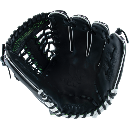 The Marucci Krewe 42A6 11.25" Baseball Glove (MFG3KR42A6) features black premium cowhide leather with white laces and green stitching, shown new and open to display the inner palm against a plain white background.