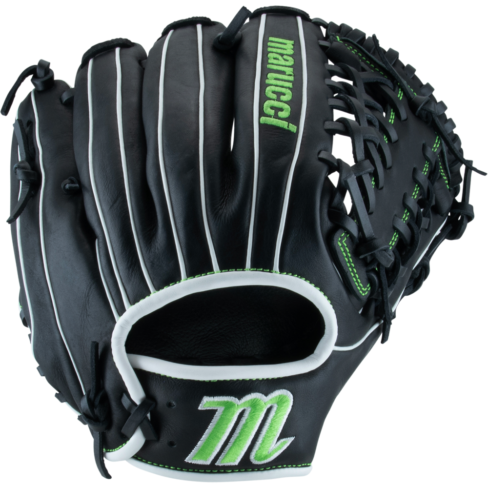 The Marucci Krewe 42A6 11.25" baseball glove (MFG3KR42A6) features black cowhide leather with white and green accents, a green stitched Marucci name on the back, green M logo on the wrist strap, and a comfortable tapered fit.