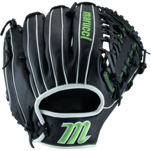 The Marucci Krewe 42A6 11.25" baseball glove (MFG3KR42A6) features black cowhide leather with white and green accents, a green stitched Marucci name on the back, green M logo on the wrist strap, and a comfortable tapered fit.