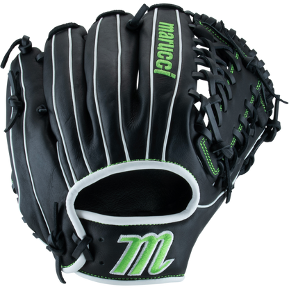 The Marucci Krewe 42A6 11.25" baseball glove (MFG3KR42A6) features black cowhide leather with white and green accents, a green stitched Marucci name on the back, green M logo on the wrist strap, and a comfortable tapered fit.