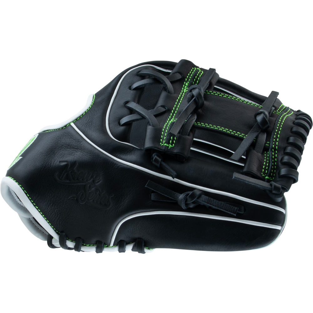 The Marucci Krewe 43A2 11.5" Baseball Glove (MFG3KR43A2) by Marucci features black cowhide leather, green stitching, white piping, and black laces, displayed against a plain white background.