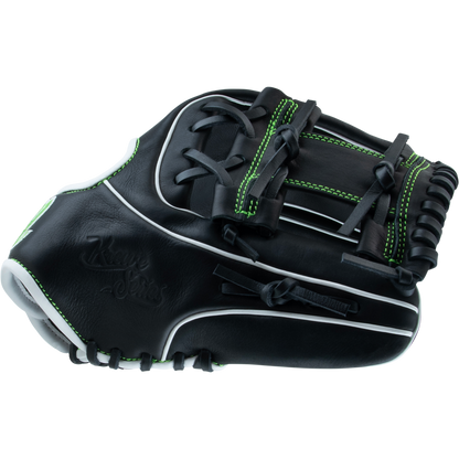 The Marucci Krewe 43A2 11.5" Baseball Glove (MFG3KR43A2) by Marucci features black cowhide leather, green stitching, white piping, and black laces, displayed against a plain white background.