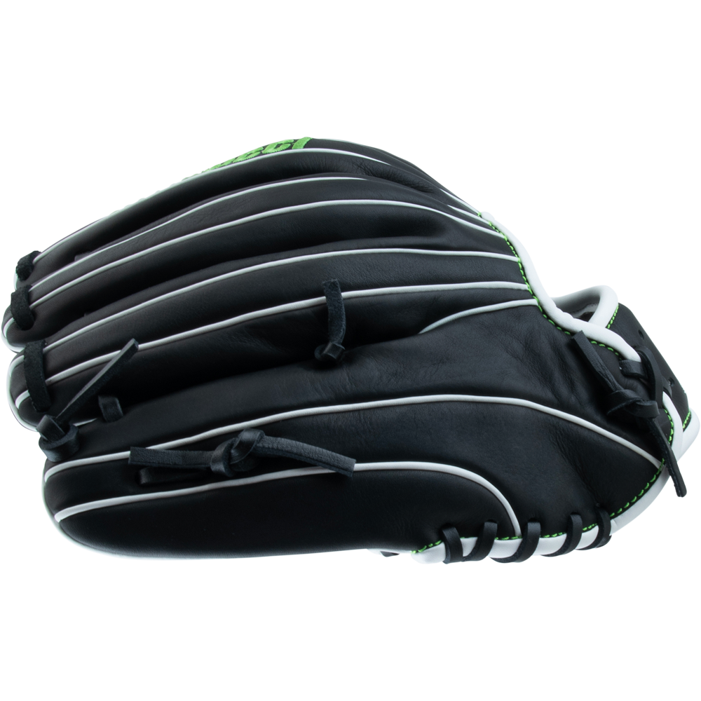 The Marucci Krewe 43A2 11.5" Baseball Glove (MFG3KR43A2) features black cowhide leather with white piping and green accents, displayed from the side on a white background.