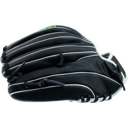 The Marucci Krewe 43A2 11.5" Baseball Glove (MFG3KR43A2) features black cowhide leather with white piping and green accents, displayed from the side on a white background.