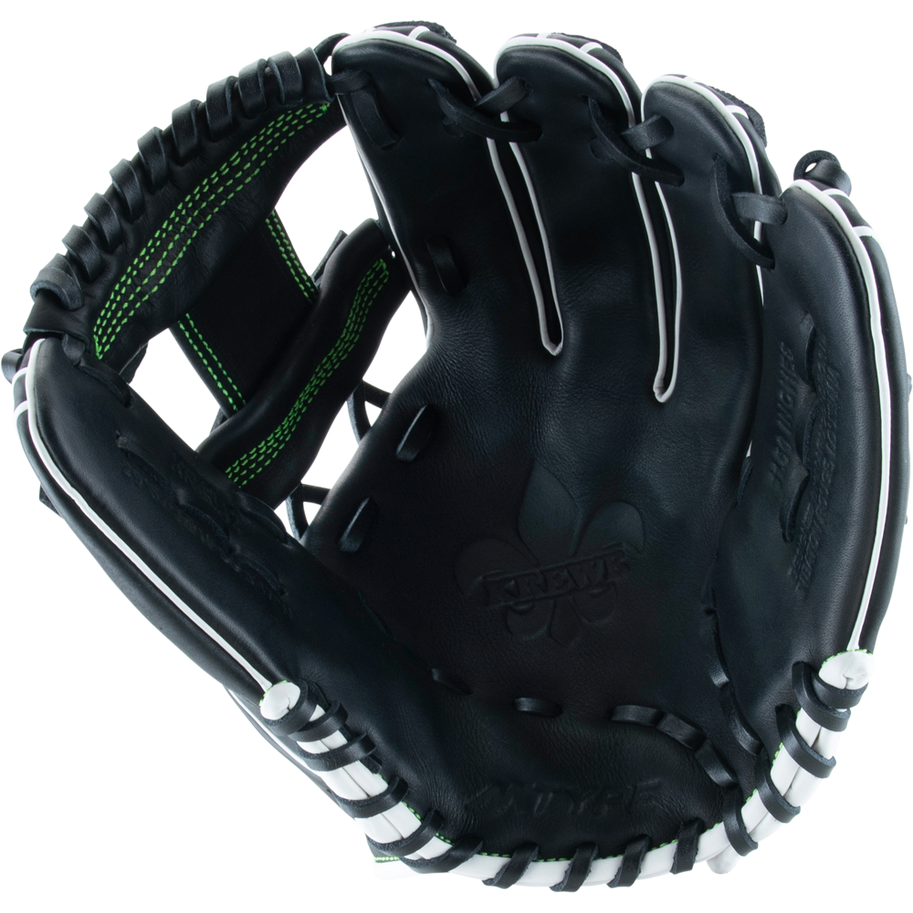 The Marucci Krewe 43A2 11.5" Baseball Glove (MFG3KR43A2) features black cowhide leather, white stitching, green accents, detailed finger lacing, and an I-Web—shown open for a clear view of its craftsmanship.
