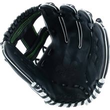 The Marucci Krewe 43A2 11.5" Baseball Glove (MFG3KR43A2) features black cowhide leather, white stitching, green accents, detailed finger lacing, and an I-Web—shown open for a clear view of its craftsmanship.