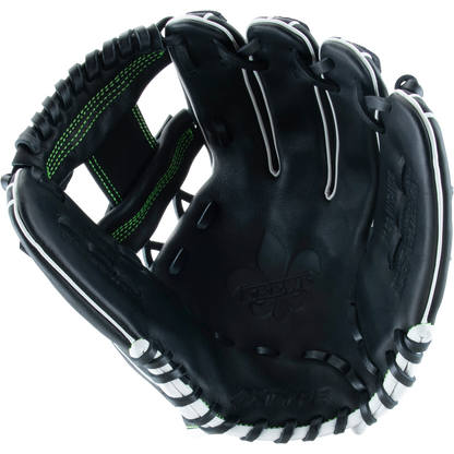 The Marucci Krewe 43A2 11.5" Baseball Glove (MFG3KR43A2) features black cowhide leather, white stitching, green accents, detailed finger lacing, and an I-Web—shown open for a clear view of its craftsmanship.