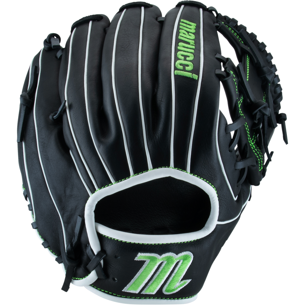 The Marucci Krewe 43A2 11.5" Baseball Glove features a black cowhide leather design with white laces, green accents, a green M logo on the wrist strap, and Marucci branding on the backhand.
