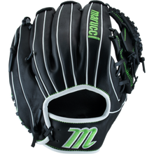 The Marucci Krewe 43A2 11.5" Baseball Glove features a black cowhide leather design with white laces, green accents, a green M logo on the wrist strap, and Marucci branding on the backhand.