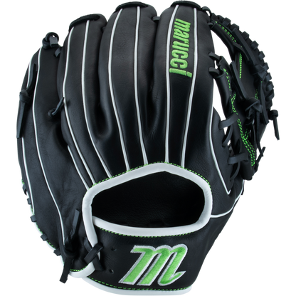 The Marucci Krewe 43A2 11.5" Baseball Glove features a black cowhide leather design with white laces, green accents, a green M logo on the wrist strap, and Marucci branding on the backhand.