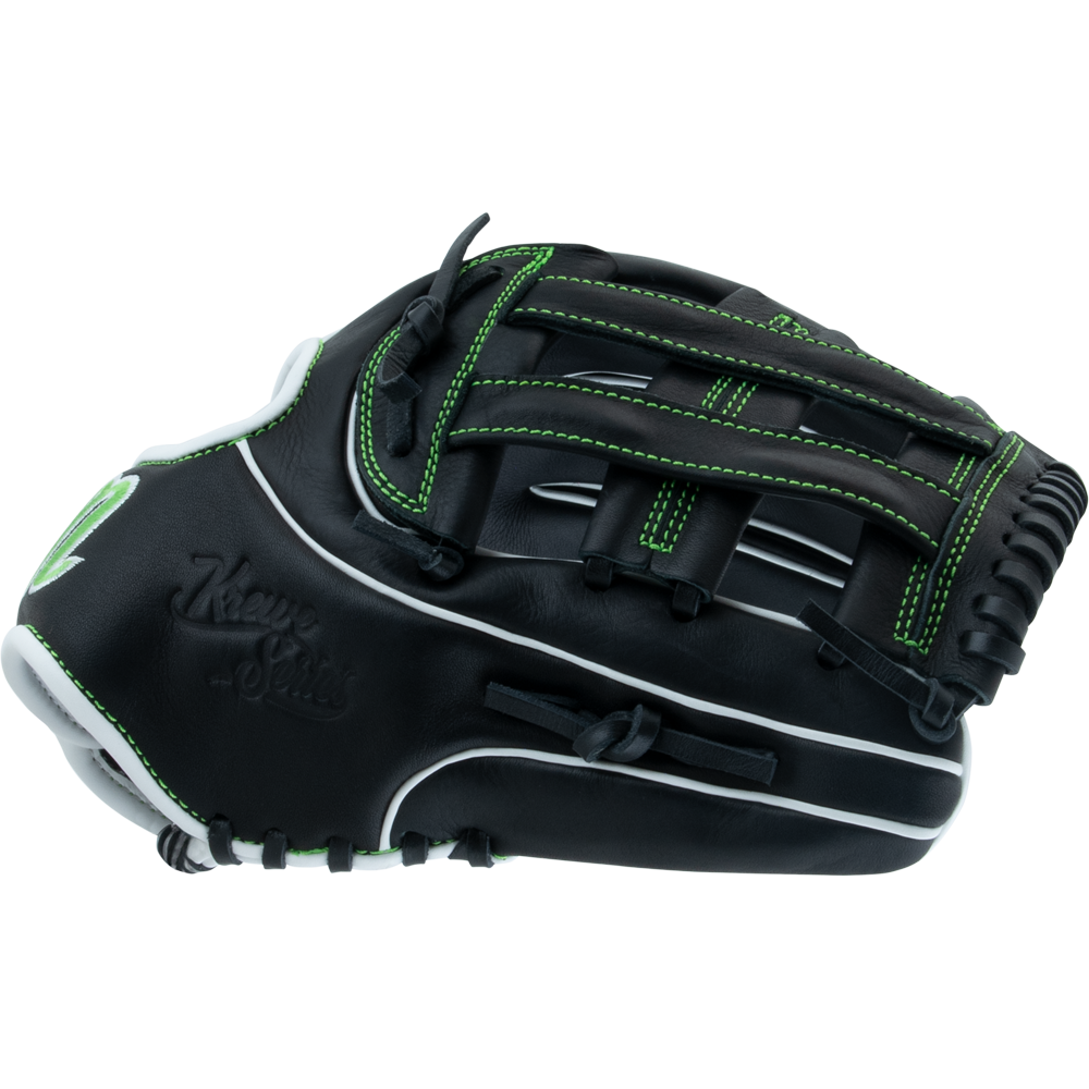 The Marucci Krewe 45A3 12" Baseball Glove (MFG3KR45A3) features black cowhide leather, green stitching, white accents, and H-Web lacing; shown closed with an embossed Marucci logo against a plain light background.