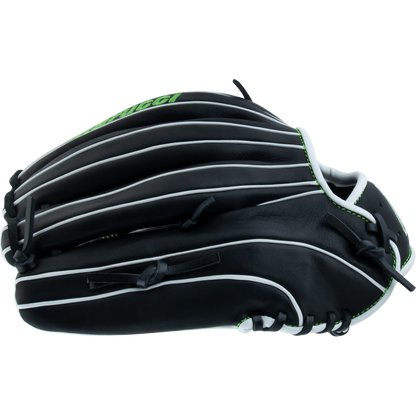 The Marucci Krewe 45A3 12" Baseball Glove (MFG3KR45A3) features durable cowhide leather in black with white piping and green stitching, displayed closed from the side on a plain white background.