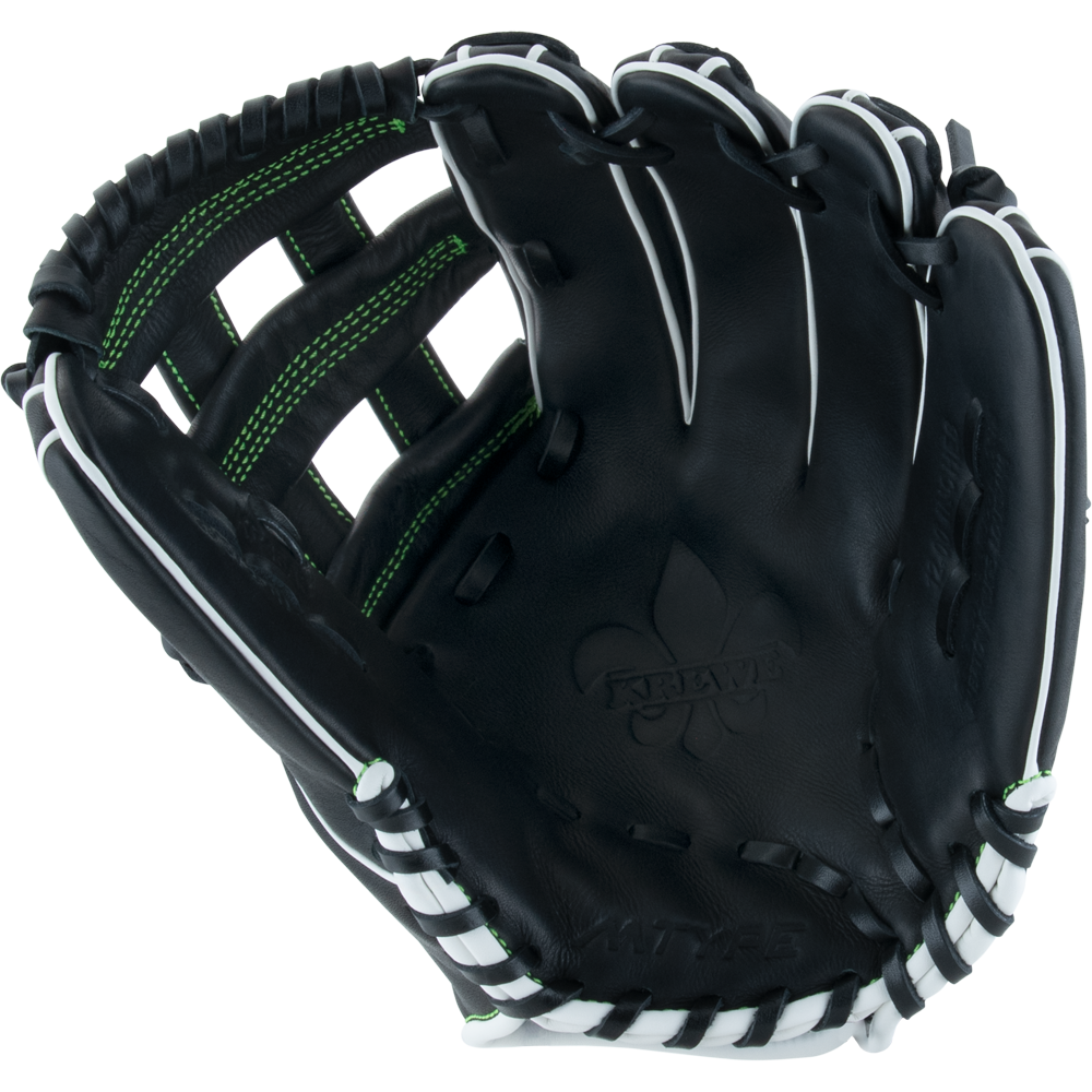 The Marucci Krewe 45A3 12" Baseball Glove (MFG3KR45A3) by Marucci features black cowhide leather, white lacing, green stitching, an H-Web, and a fleur-de-lis design on the palm, displayed open against a plain white background.