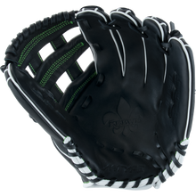 The Marucci Krewe 45A3 12" Baseball Glove (MFG3KR45A3) by Marucci features black cowhide leather, white lacing, green stitching, an H-Web, and a fleur-de-lis design on the palm, displayed open against a plain white background.