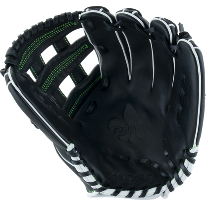 The Marucci Krewe 45A3 12" Baseball Glove (MFG3KR45A3) by Marucci features black cowhide leather, white lacing, green stitching, an H-Web, and a fleur-de-lis design on the palm, displayed open against a plain white background.