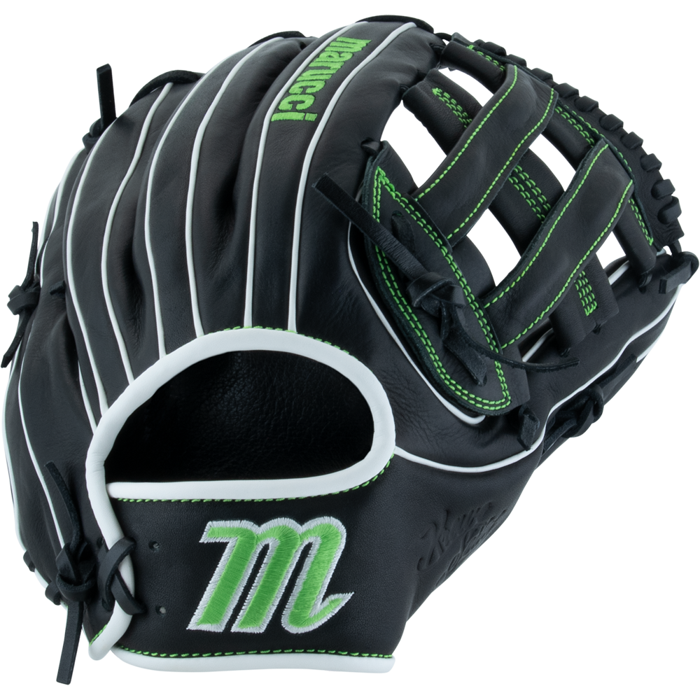 The Marucci Krewe 45A3 12" Baseball Glove (MFG3KR45A3) features a black and green design, crafted from premium cowhide leather with a classic H-Web, by Marucci.