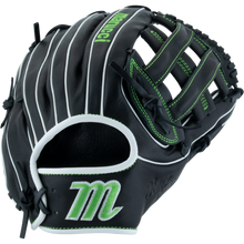 The Marucci Krewe 45A3 12" Baseball Glove (MFG3KR45A3) features a black and green design, crafted from premium cowhide leather with a classic H-Web, by Marucci.