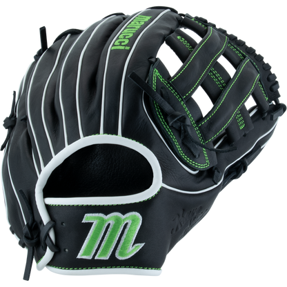 The Marucci Krewe 45A3 12" Baseball Glove (MFG3KR45A3) features a black and green design, crafted from premium cowhide leather with a classic H-Web, by Marucci.