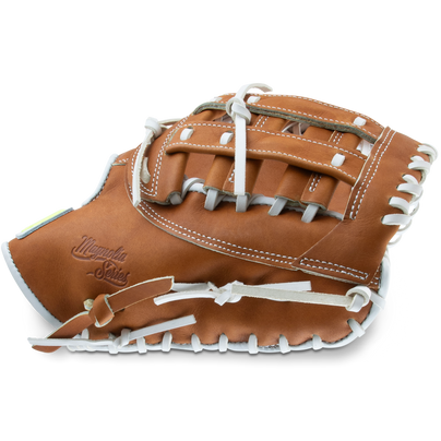 The Marucci Magnolia 39S2 13" Fastpitch First Base Mitt (MFG3MG39S2FP-TF) features Japanese-tanned steerhide leather for pro-level durability and style, displayed on a white background.