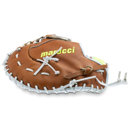 A Marucci Magnolia 39S2 13" Fastpitch First Base Mitt (MFG3MG39S2FP-TF) in brown Japanese-tanned steerhide with white lacing, displayed against a plain white background.