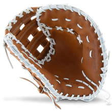 The Marucci Magnolia 39S2 13" Fastpitch First Base Mitt (MFG3MG39S2FP-TF) features Japanese-tanned steerhide leather and white pro-grade rawhide laces, shown open with the pocket and webbing facing up.