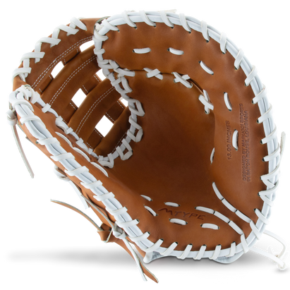 The Marucci Magnolia 39S2 13" Fastpitch First Base Mitt (MFG3MG39S2FP-TF) features Japanese-tanned steerhide leather and white pro-grade rawhide laces, shown open with the pocket and webbing facing up.