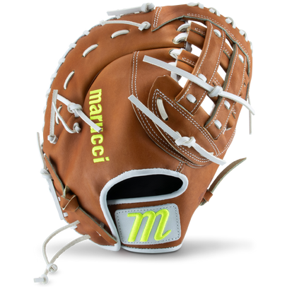 The Marucci Magnolia 39S2 13" Fastpitch First Base Mitt (MFG3MG39S2FP-TF) is a brown glove with white laces, yellow Marucci branding, and crafted from Japanese-tanned steerhide leather, shown upright with the palm and webbing visible.