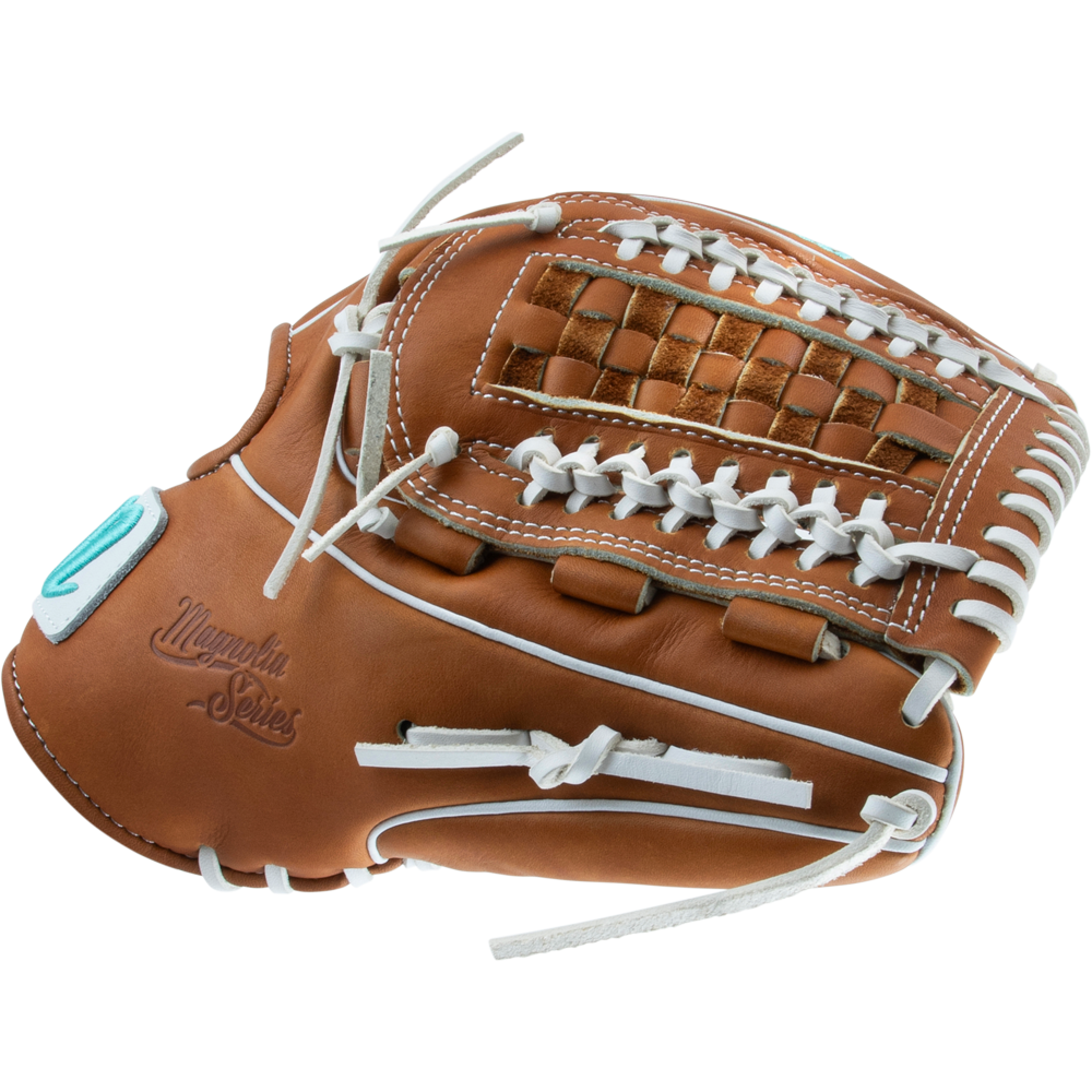 A brown Marucci Magnolia 46K5 12.25" fastpitch glove (MFG3MG46K5FP-TF) features Japanese-tanned steerhide, white stitching and laces, a woven web, and is shown against a plain white background.