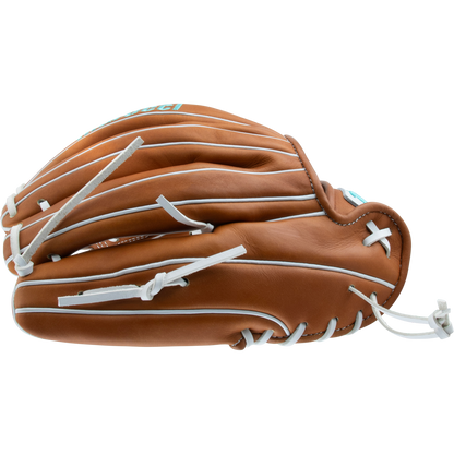 The Marucci Magnolia 46K5 12.25" Fastpitch Glove (MFG3MG46K5FP-TF), made from Japanese-tanned steerhide with white laces and trim, is displayed on a white background, side view.