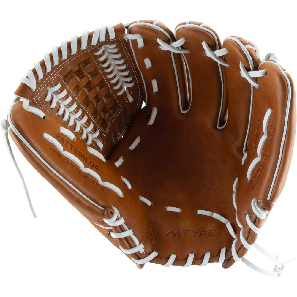 The Marucci Magnolia 46K5 12.25" Fastpitch Glove (MFG3MG46K5FP-TF) features brown Japanese-tanned steerhide leather, white laces, a basket T-web pocket, and PATTERN:04 MTYPE embossed inside, shown open on a white background.