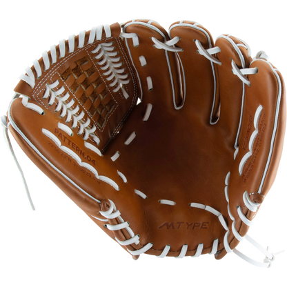 The Marucci Magnolia 46K5 12.25" Fastpitch Glove (MFG3MG46K5FP-TF) features brown Japanese-tanned steerhide leather, white laces, a basket T-web pocket, and PATTERN:04 MTYPE embossed inside, shown open on a white background.