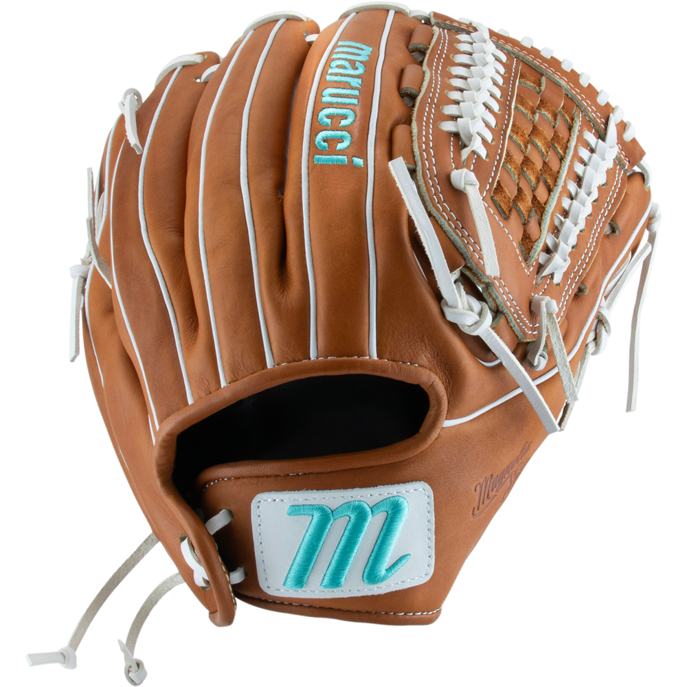 The Marucci Magnolia 46K5 12.25" Fastpitch Glove (MFG3MG46K5FP-TF) features a brown design with white stitching and is crafted from premium Japanese-tanned steerhide leather.