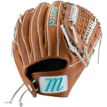 The Marucci Magnolia 46K5 12.25" Fastpitch Glove (MFG3MG46K5FP-TF) features a brown design with white stitching and is crafted from premium Japanese-tanned steerhide leather.