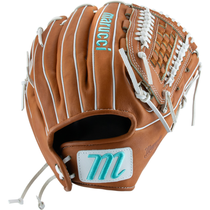 The Marucci Magnolia 46K5 12.25" Fastpitch Glove (MFG3MG46K5FP-TF) features a brown design with white stitching and is crafted from premium Japanese-tanned steerhide leather.