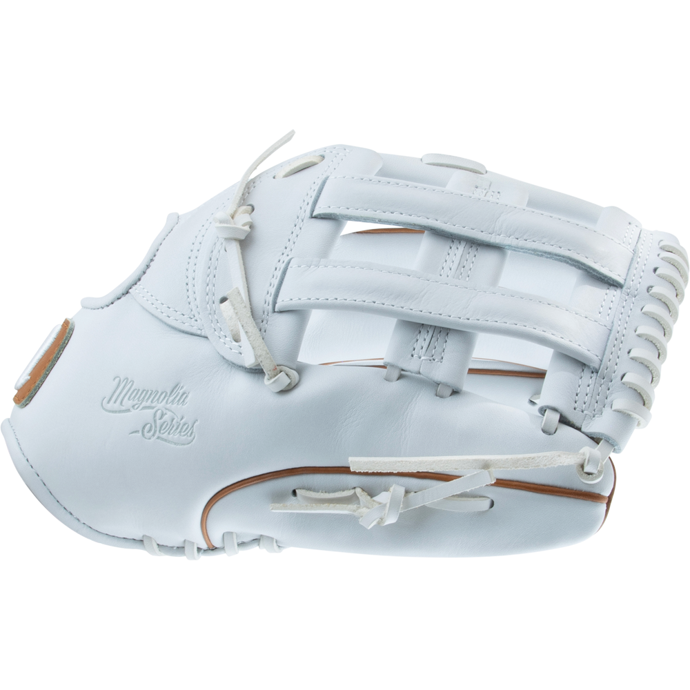 The Marucci Magnolia 78R3 12.75" Fastpitch Glove features white Japanese-tanned steerhide leather with tan accents, an H-Web design, and the Magnolia Series logo embossed on the side.