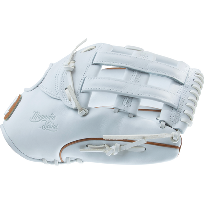 The Marucci Magnolia 78R3 12.75" Fastpitch Glove features white Japanese-tanned steerhide leather with tan accents, an H-Web design, and the Magnolia Series logo embossed on the side.