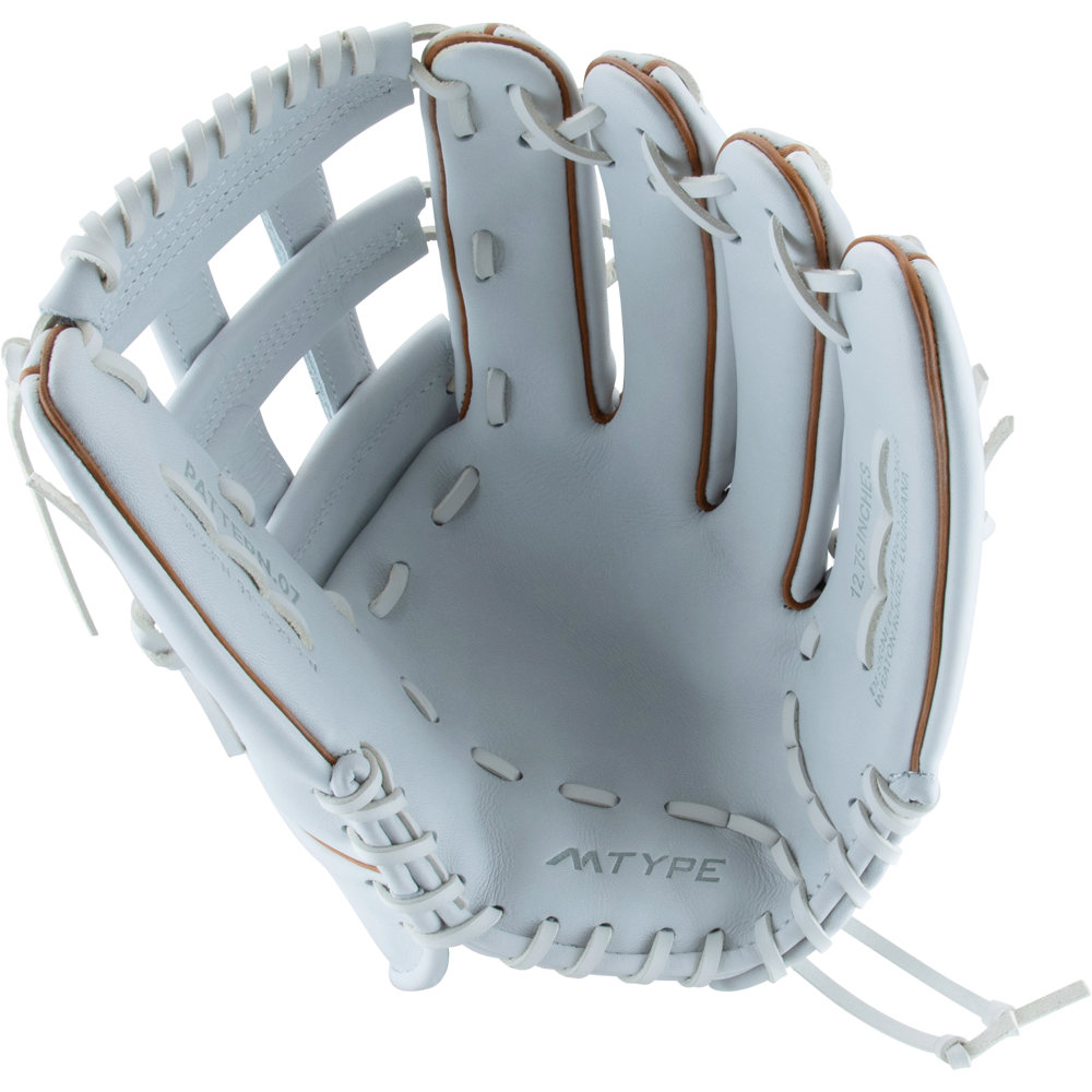 The Marucci Magnolia 78R3 12.75" Fastpitch Glove (MFG3MG78R3FP-W/TF) features Japanese-tanned steerhide leather in white with tan laces, a wide H-Web, and visible Marucci branding—ideal for catching fastpitch softballs.