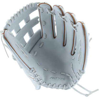 The Marucci Magnolia 78R3 12.75" Fastpitch Glove (MFG3MG78R3FP-W/TF) features Japanese-tanned steerhide leather in white with tan laces, a wide H-Web, and visible Marucci branding—ideal for catching fastpitch softballs.