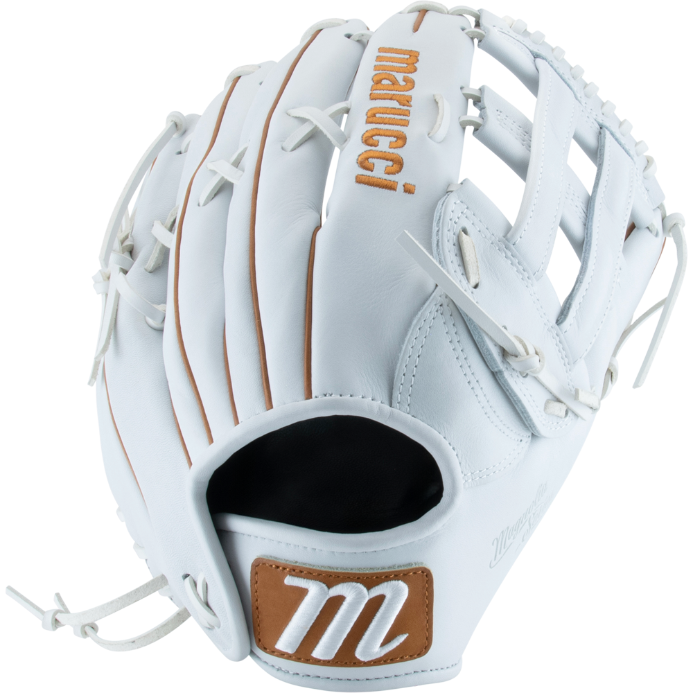 The Marucci Magnolia 78R3 12.75" Fastpitch Glove features a white Japanese-tanned steerhide shell with tan laces and accents, “Marucci” stitched in tan on the back, and an m logo patch on the wrist strap.