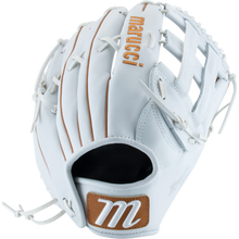 The Marucci Magnolia 78R3 12.75" Fastpitch Glove features a white Japanese-tanned steerhide shell with tan laces and accents, “Marucci” stitched in tan on the back, and an m logo patch on the wrist strap.