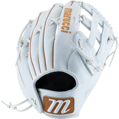 The Marucci Magnolia 78R3 12.75" Fastpitch Glove features a white Japanese-tanned steerhide shell with tan laces and accents, “Marucci” stitched in tan on the back, and an m logo patch on the wrist strap.