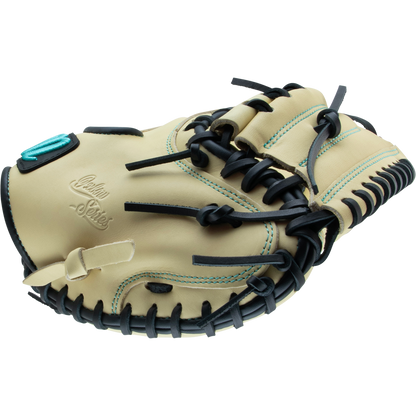 The Marucci Oxbow 235C1 33.5" Baseball Catcher's Mitt (MFG3OX235C1) is a tan full-grain cowhide glove with black laces and turquoise stitching, shown from the side on a plain white background.