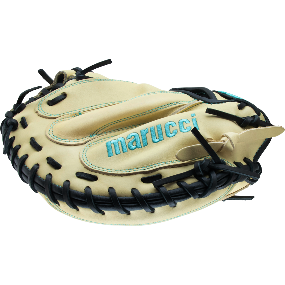 The Marucci Oxbow 235C1 33.5" catcher's mitt features a tan and black design, full-grain cowhide leather, blue stitching, and the Marucci name embroidered on the back.